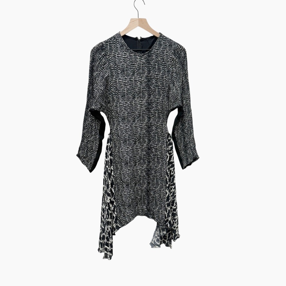 SHARON‎ Wauchob Rare Silk Geometric Print Midi Dress Asymmetrical Hem Belted